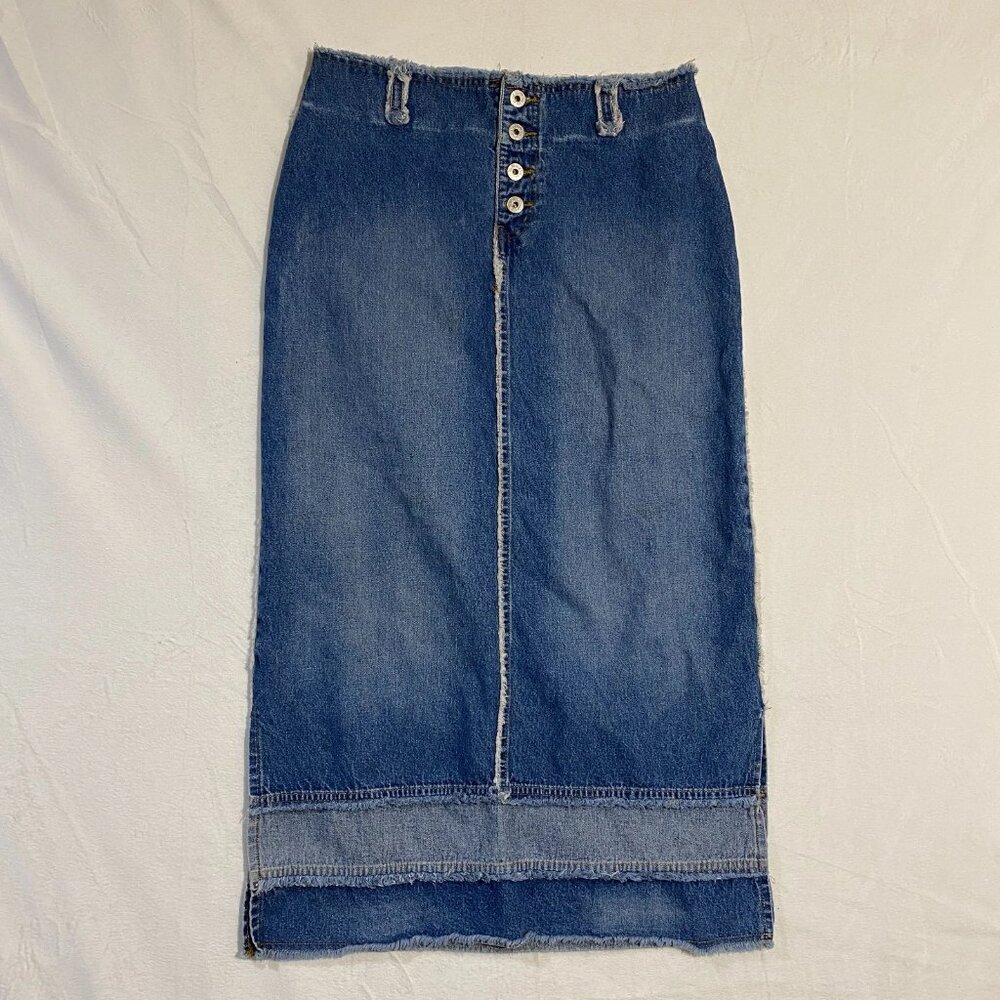 Vintage Me And You Womens A-Line Skirt M Blue Denim Frayed Fly Button Raw Hem